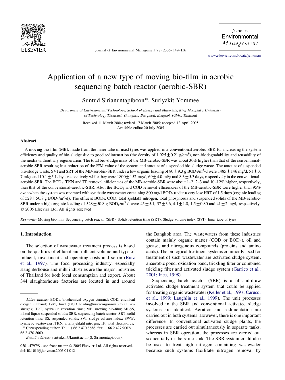 Application of a new type of moving bio-film in aerobic sequencing batch reactor (aerobic-SBR)