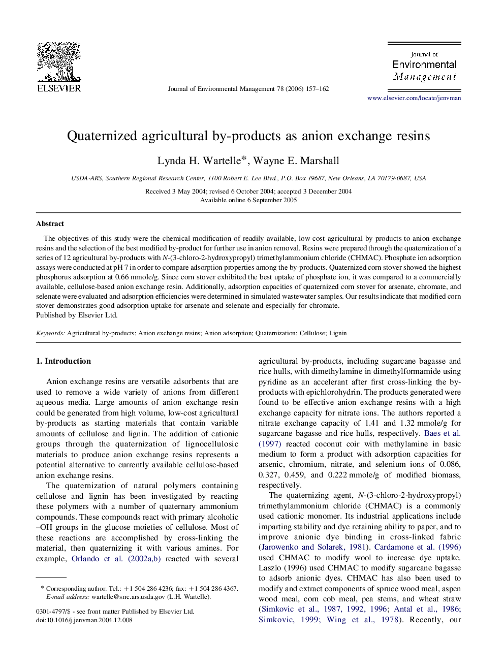 Quaternized agricultural by-products as anion exchange resins