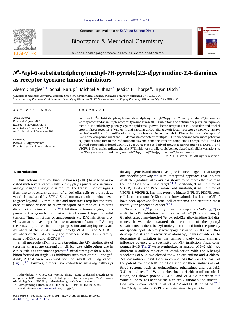 N4-Aryl-6-substitutedphenylmethyl-7H-pyrrolo[2,3-d]pyrimidine-2,4-diamines as receptor tyrosine kinase inhibitors