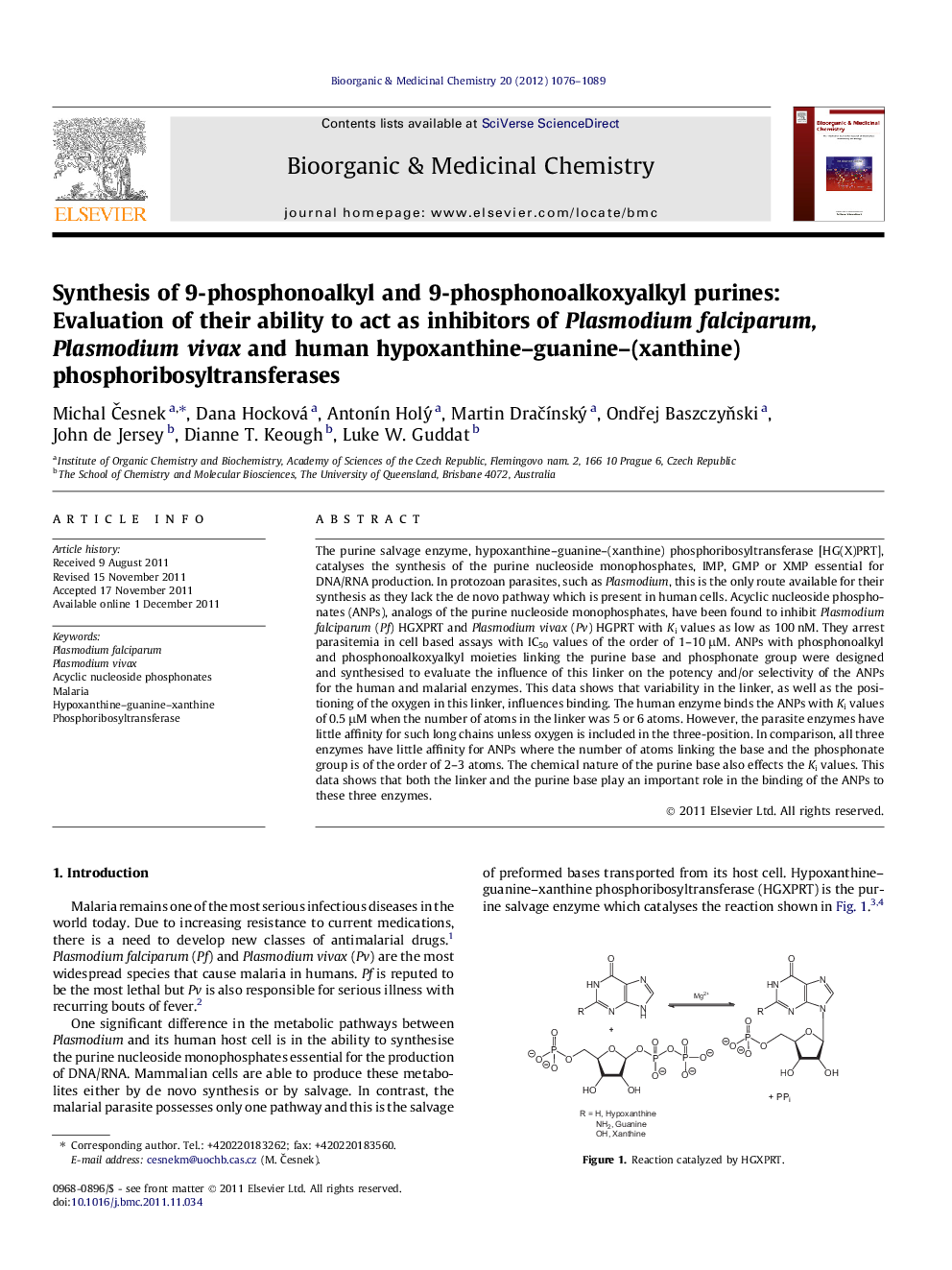 Synthesis of 9-phosphonoalkyl and 9-phosphonoalkoxyalkyl purines: Evaluation of their ability to act as inhibitors of Plasmodium falciparum, Plasmodium vivax and human hypoxanthine-guanine-(xanthine) phosphoribosyltransferases