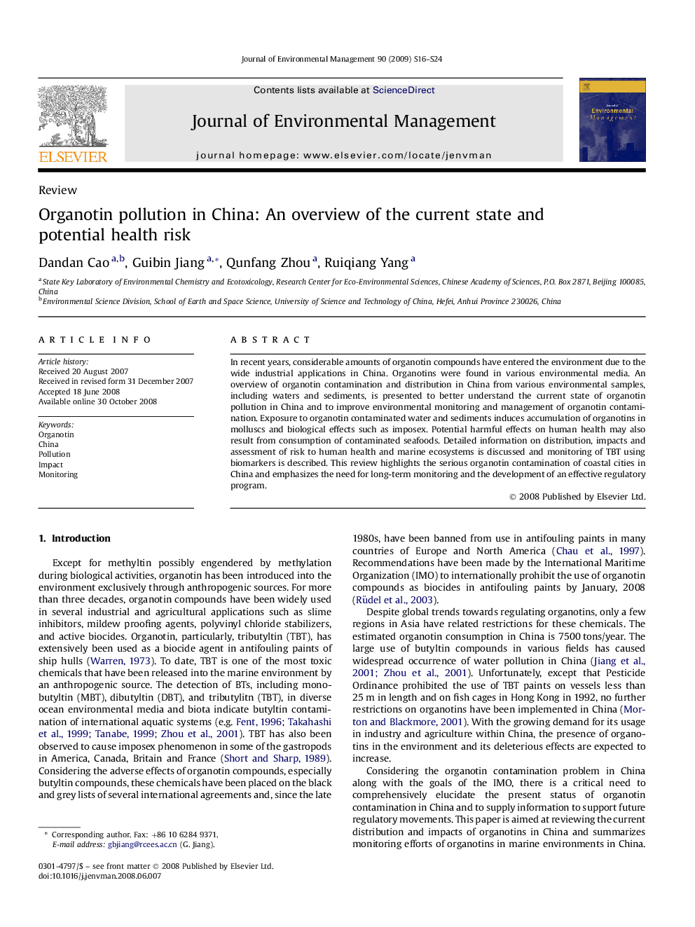 Organotin pollution in China: An overview of the current state and potential health risk