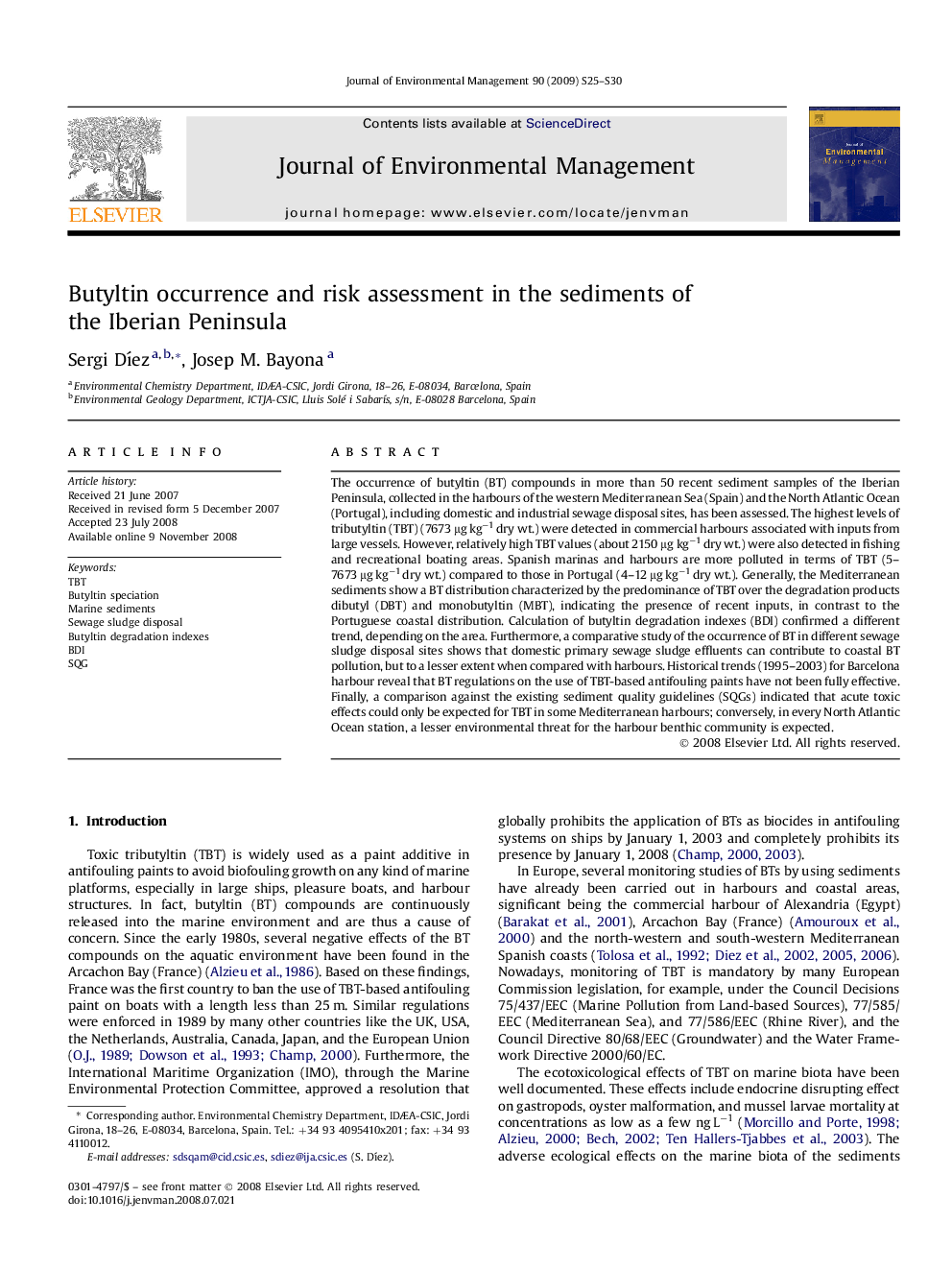 Butyltin occurrence and risk assessment in the sediments of the Iberian Peninsula