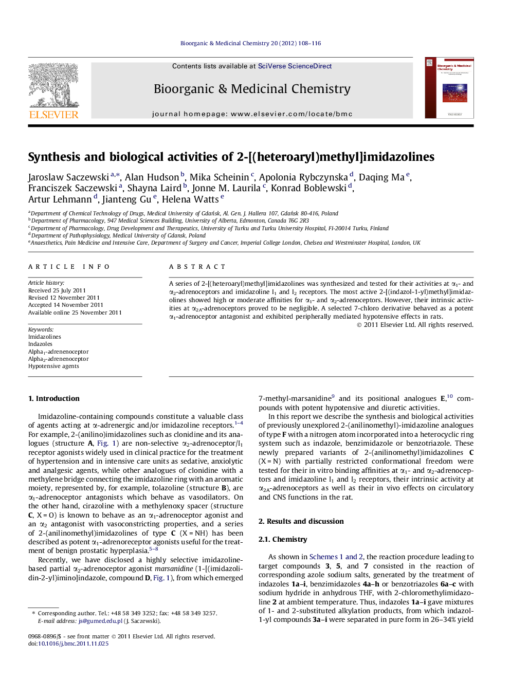 Synthesis and biological activities of 2-[(heteroaryl)methyl]imidazolines