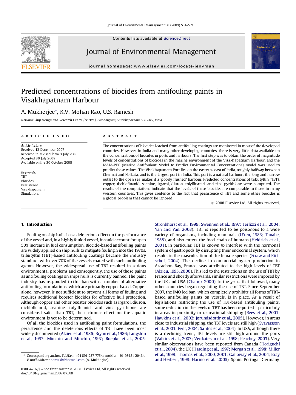 Predicted concentrations of biocides from antifouling paints in Visakhapatnam Harbour