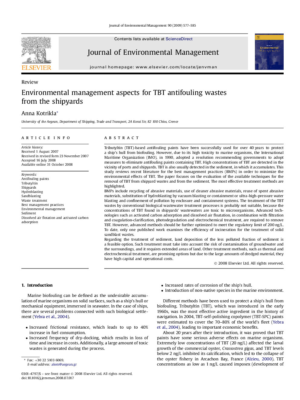 Environmental management aspects for TBT antifouling wastes from the shipyards