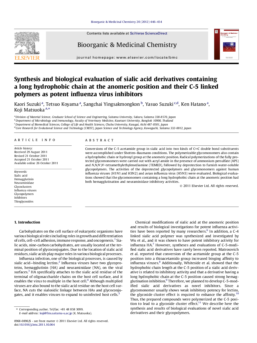 Synthesis and biological evaluation of sialic acid derivatives containing a long hydrophobic chain at the anomeric position and their C-5 linked polymers as potent influenza virus inhibitors