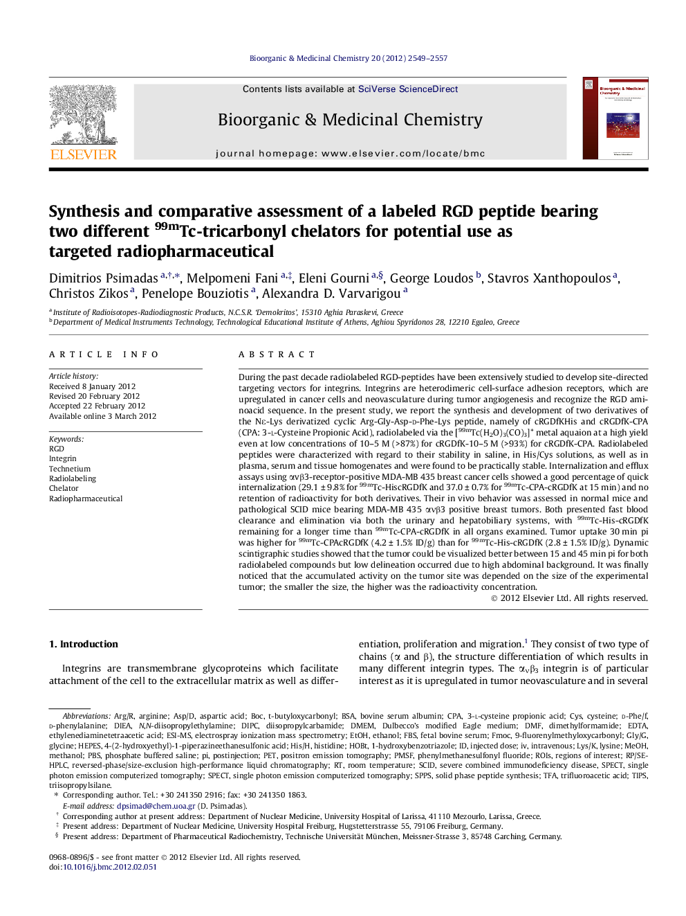 Synthesis and comparative assessment of a labeled RGD peptide bearing two different 99mTc-tricarbonyl chelators for potential use as targeted radiopharmaceutical