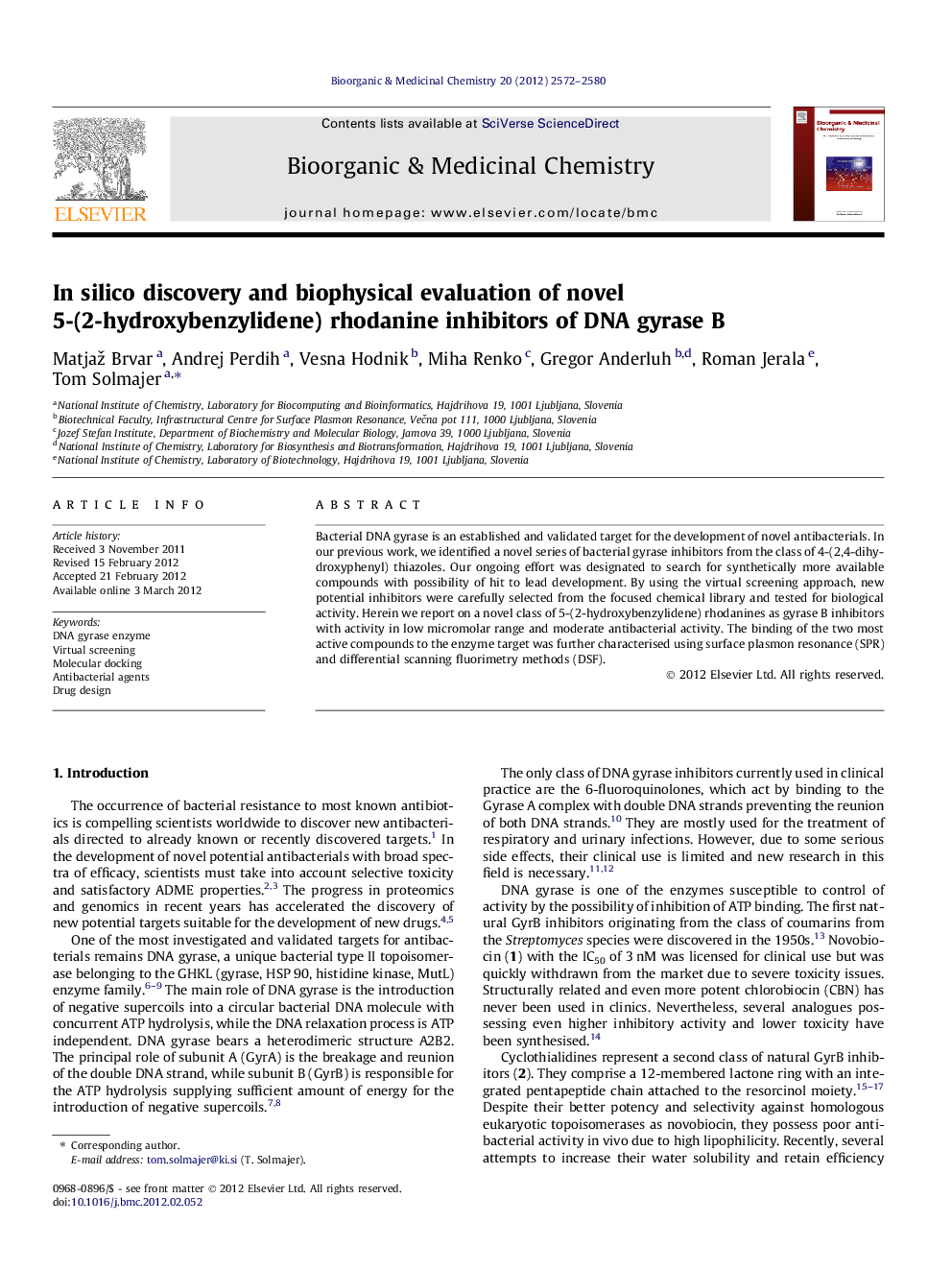 In silico discovery and biophysical evaluation of novel 5-(2-hydroxybenzylidene) rhodanine inhibitors of DNA gyrase B