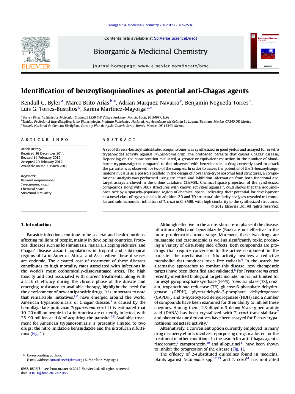 Identification of benzoylisoquinolines as potential anti-Chagas agents