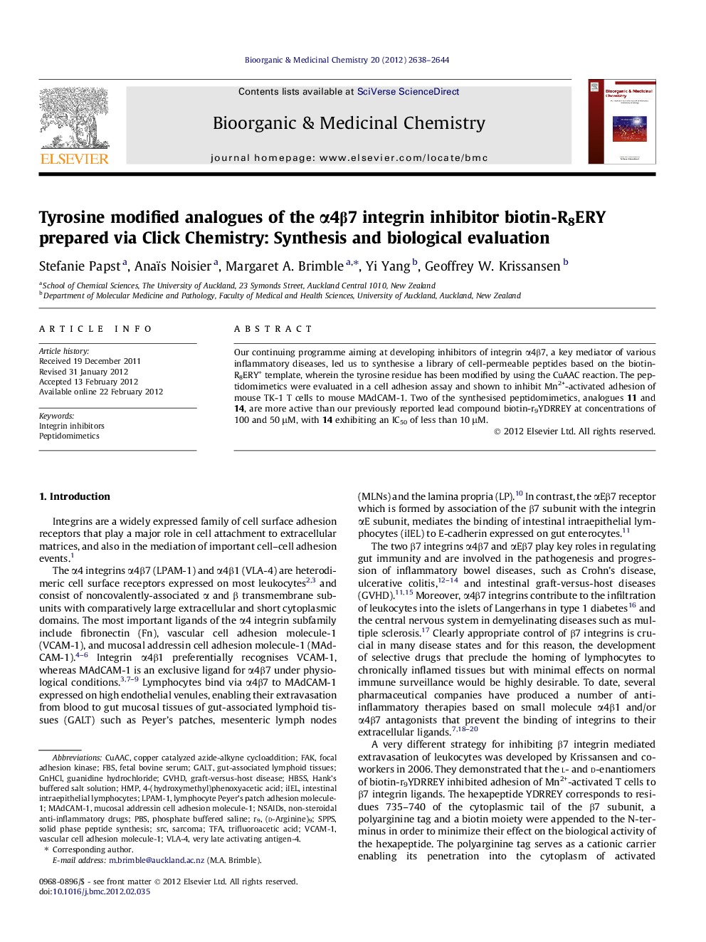 Tyrosine modified analogues of the Î±4Î²7 integrin inhibitor biotin-R8ERY prepared via Click Chemistry: Synthesis and biological evaluation