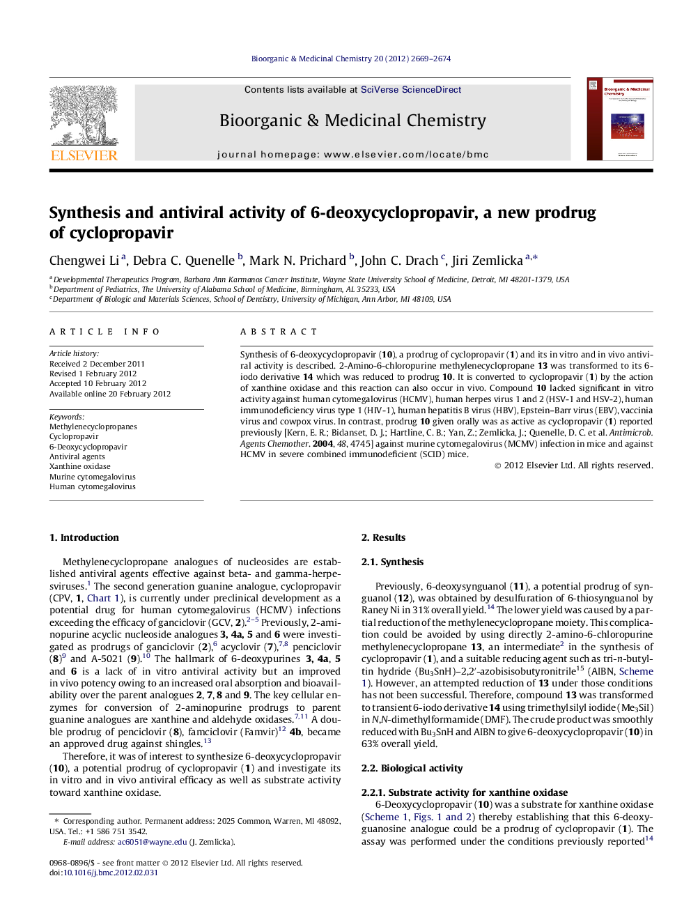 Synthesis and antiviral activity of 6-deoxycyclopropavir, a new prodrug of cyclopropavir