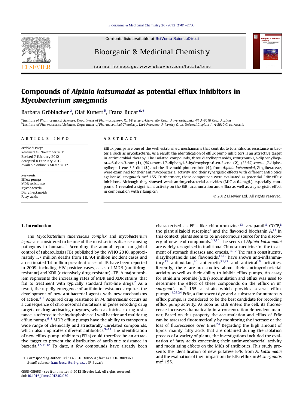 Compounds of Alpinia katsumadai as potential efflux inhibitors in Mycobacterium smegmatis