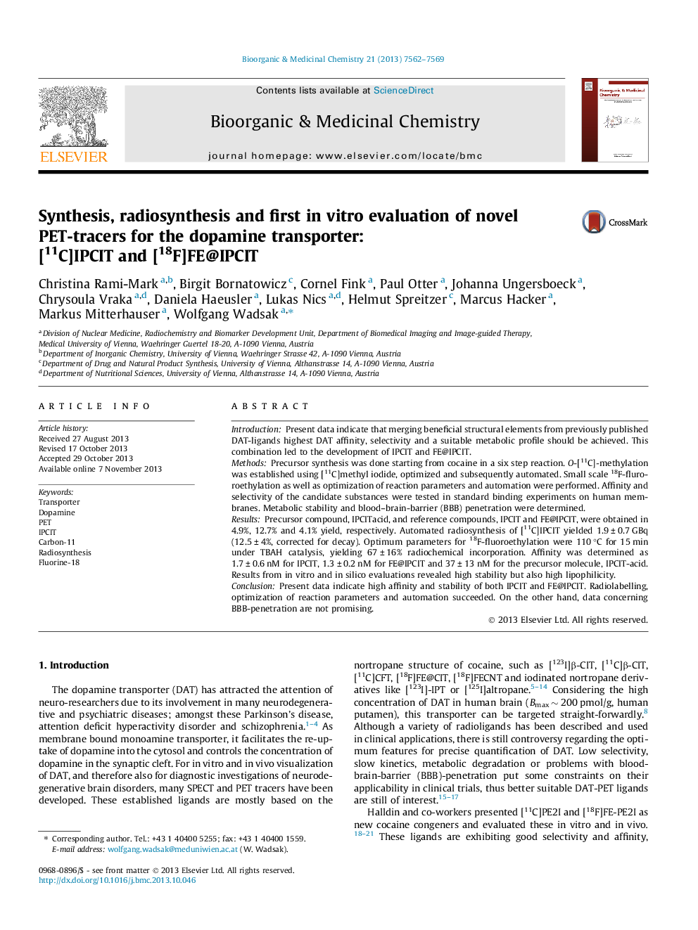 Synthesis, radiosynthesis and first in vitro evaluation of novel PET-tracers for the dopamine transporter: [11C]IPCIT and [18F]FE@IPCIT