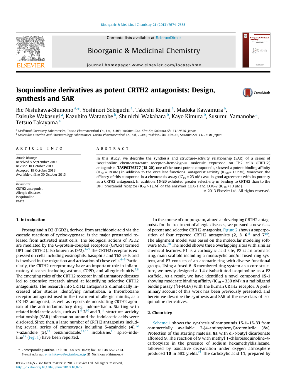 Isoquinoline derivatives as potent CRTH2 antagonists: Design, synthesis and SAR