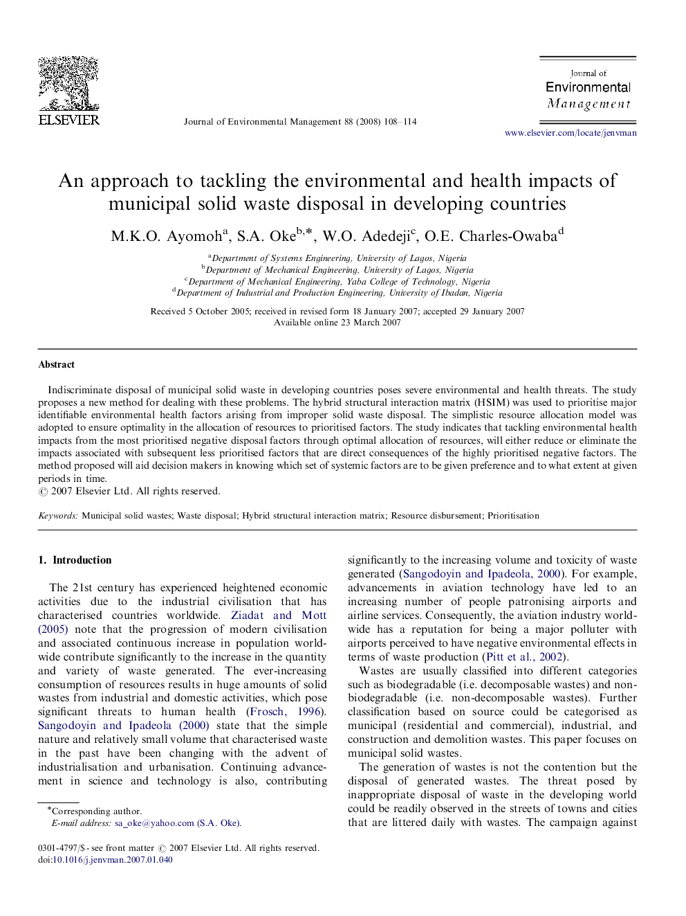 An approach to tackling the environmental and health impacts of municipal solid waste disposal in developing countries