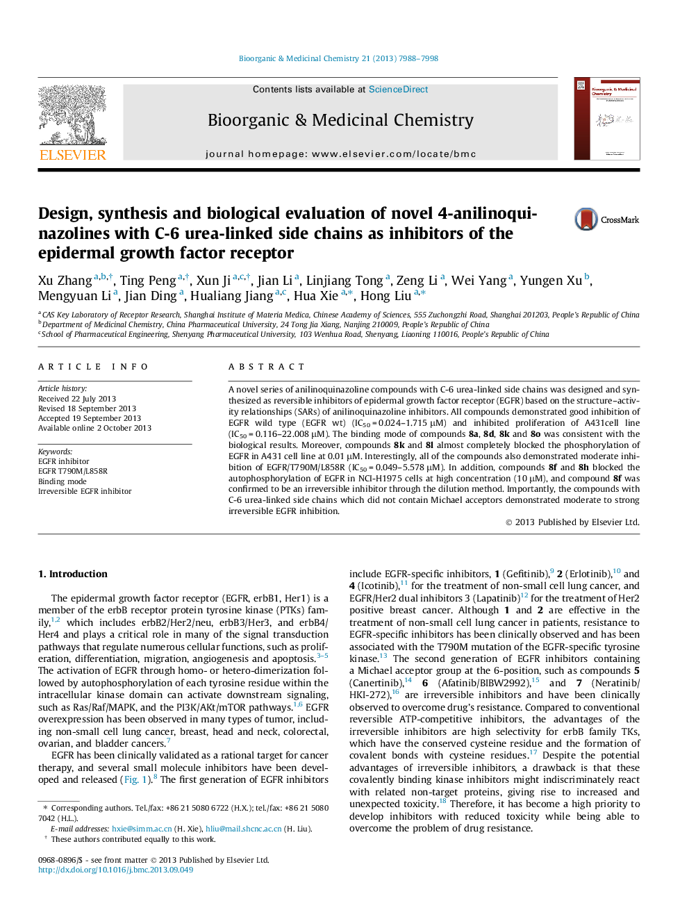 Design, synthesis and biological evaluation of novel 4-anilinoquinazolines with C-6 urea-linked side chains as inhibitors of the epidermal growth factor receptor