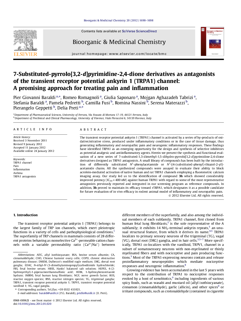 7-Substituted-pyrrolo[3,2-d]pyrimidine-2,4-dione derivatives as antagonists of the transient receptor potential ankyrin 1 (TRPA1) channel: A promising approach for treating pain and inflammation