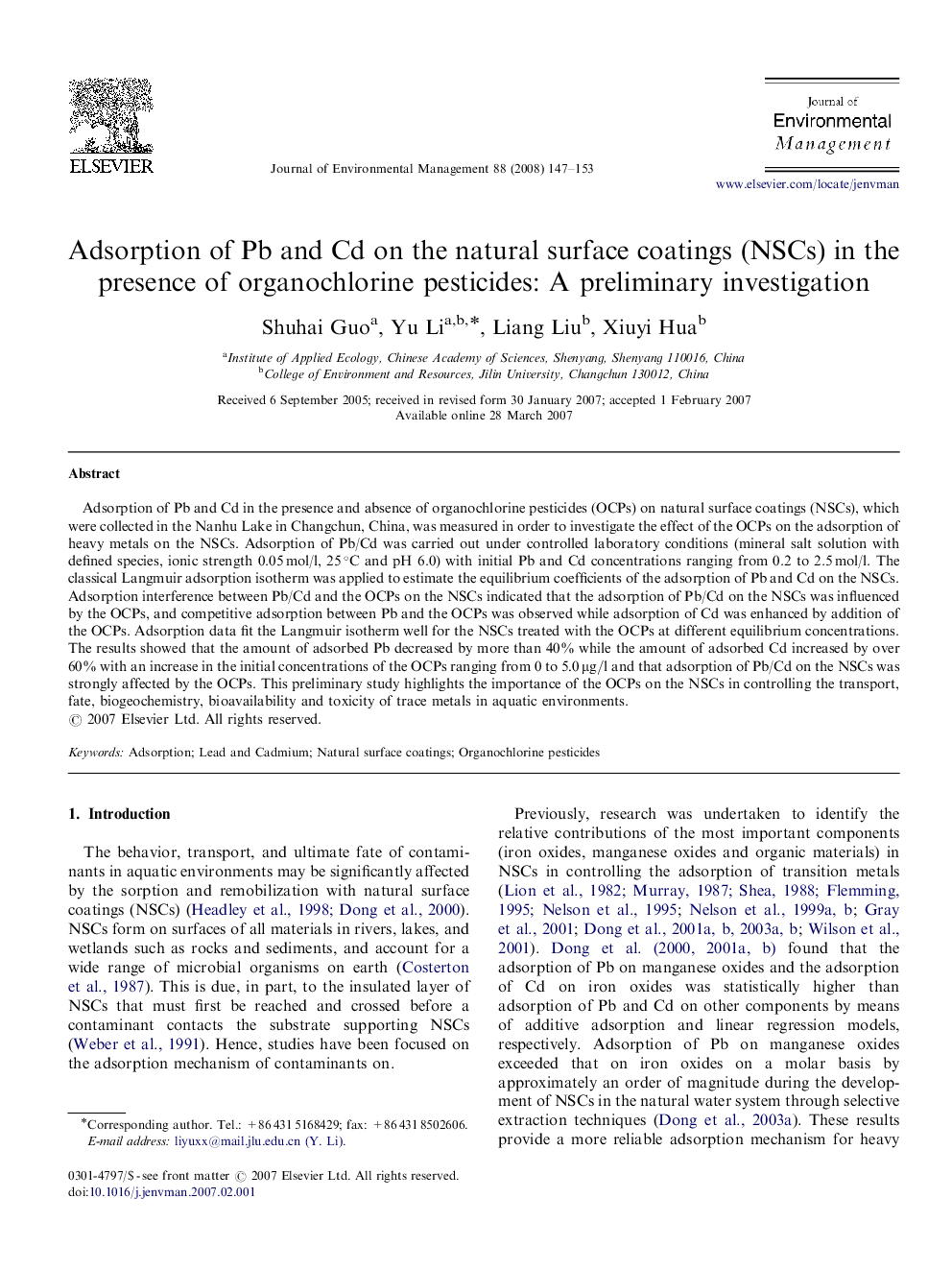 Adsorption of Pb and Cd on the natural surface coatings (NSCs) in the presence of organochlorine pesticides: A preliminary investigation