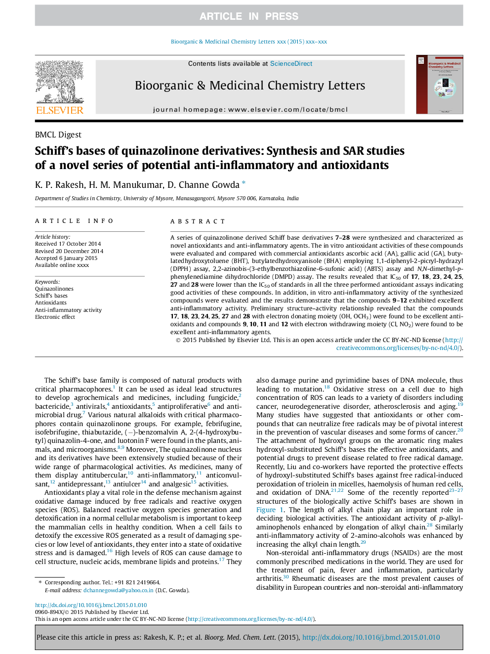 Schiff's bases of quinazolinone derivatives: Synthesis and SAR studies of a novel series of potential anti-inflammatory and antioxidants