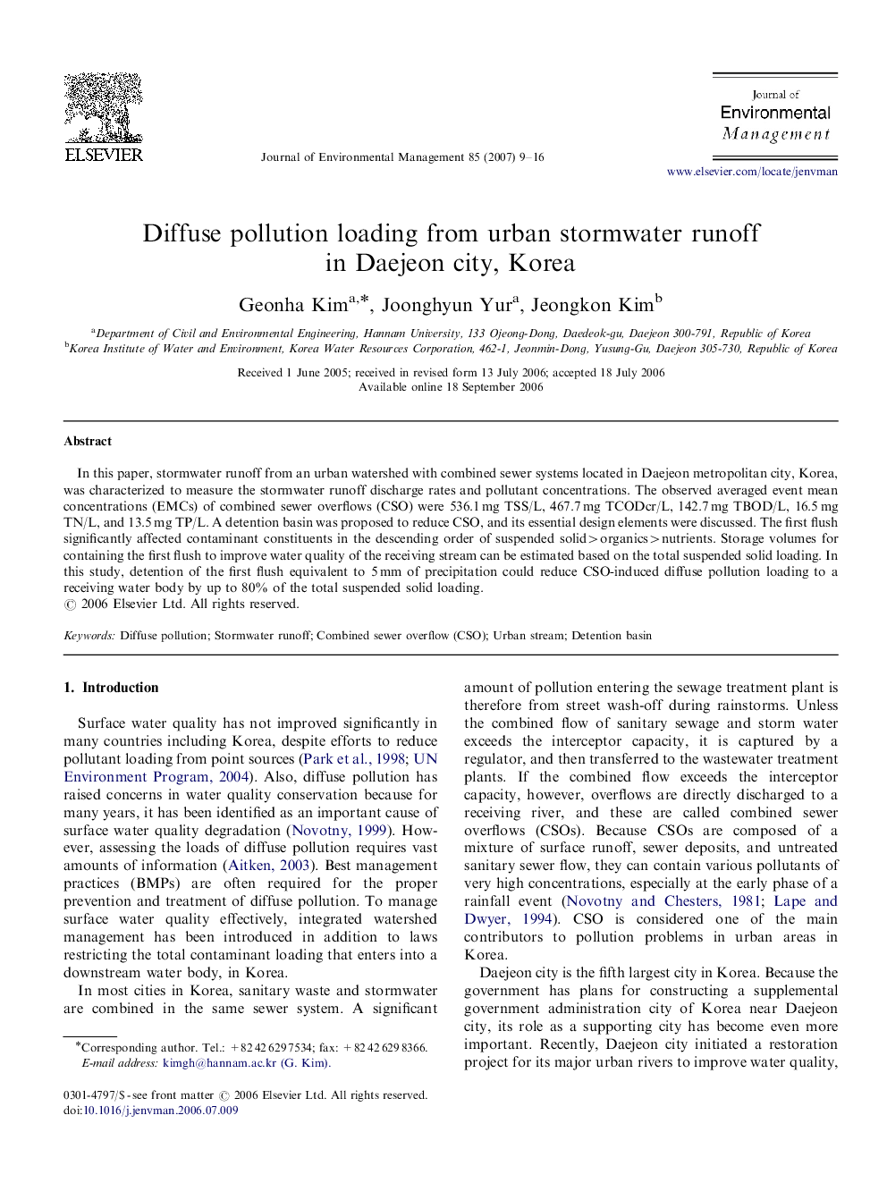 Diffuse pollution loading from urban stormwater runoff in Daejeon city, Korea