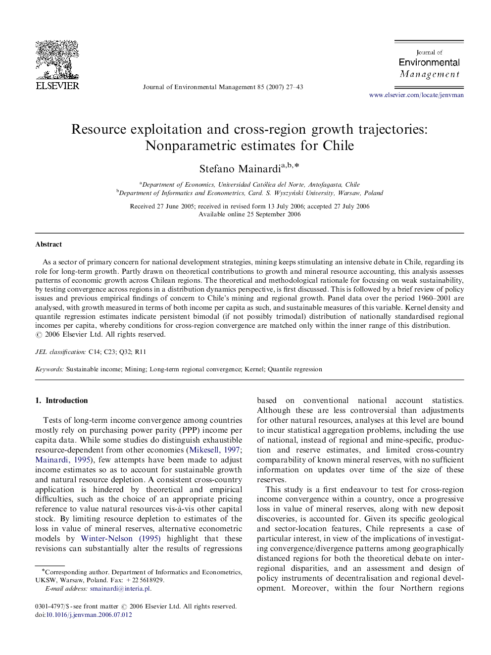 Resource exploitation and cross-region growth trajectories: Nonparametric estimates for Chile