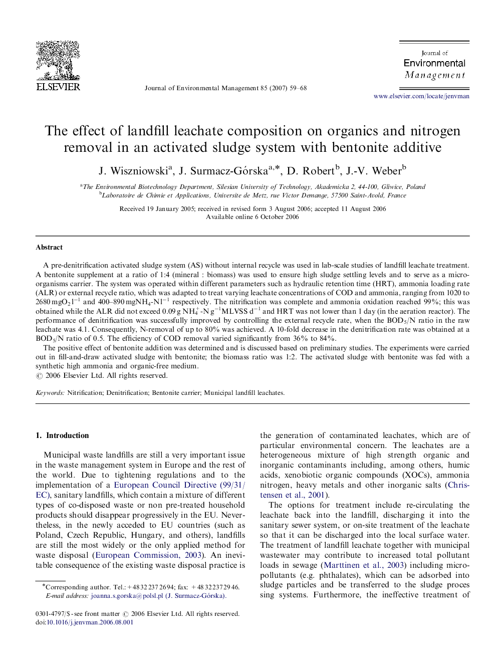 The effect of landfill leachate composition on organics and nitrogen removal in an activated sludge system with bentonite additive