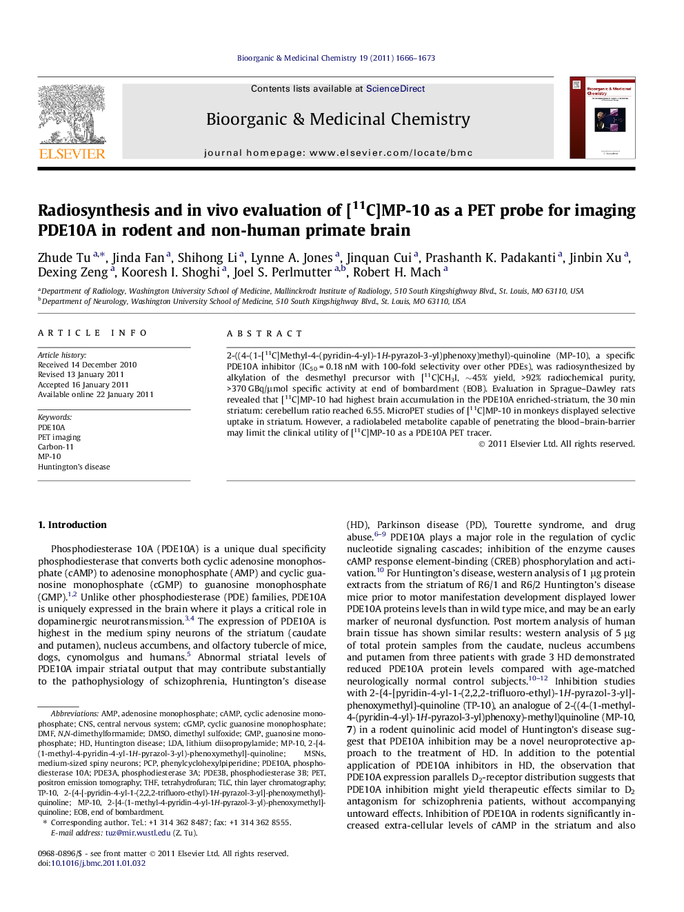 Radiosynthesis and in vivo evaluation of [11C]MP-10 as a PET probe for imaging PDE10A in rodent and non-human primate brain