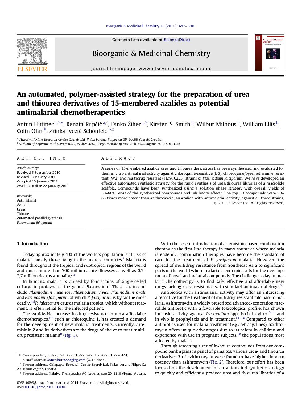 An automated, polymer-assisted strategy for the preparation of urea and thiourea derivatives of 15-membered azalides as potential antimalarial chemotherapeutics