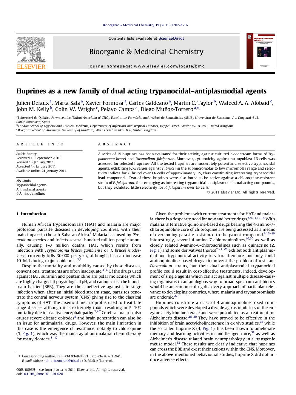 Huprines as a new family of dual acting trypanocidal-antiplasmodial agents