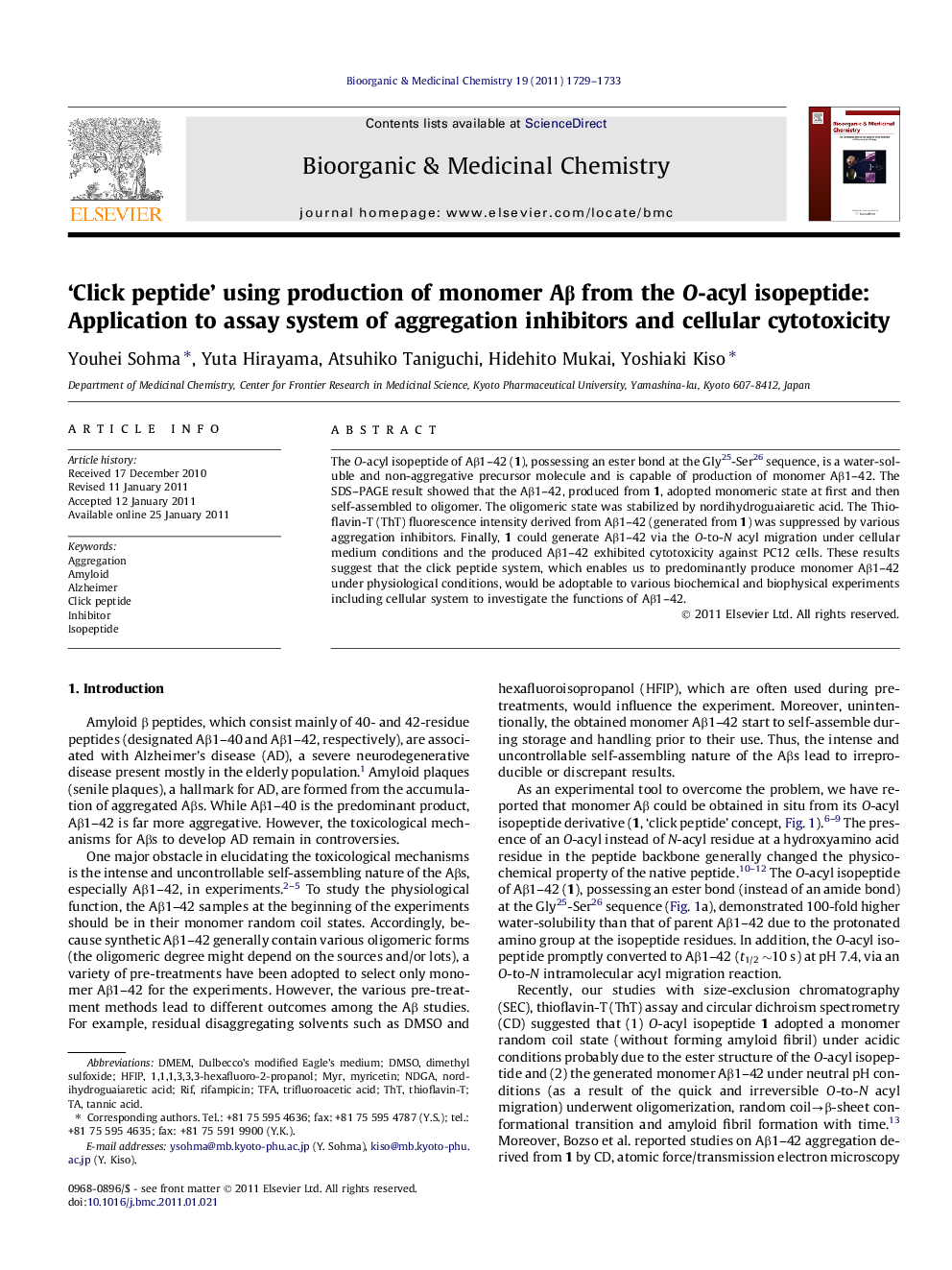 'Click peptide' using production of monomer AÎ² from the O-acyl isopeptide: Application to assay system of aggregation inhibitors and cellular cytotoxicity