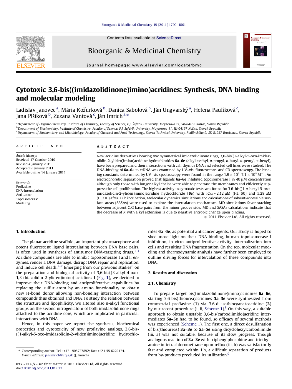 Cytotoxic 3,6-bis((imidazolidinone)imino)acridines: Synthesis, DNA binding and molecular modeling