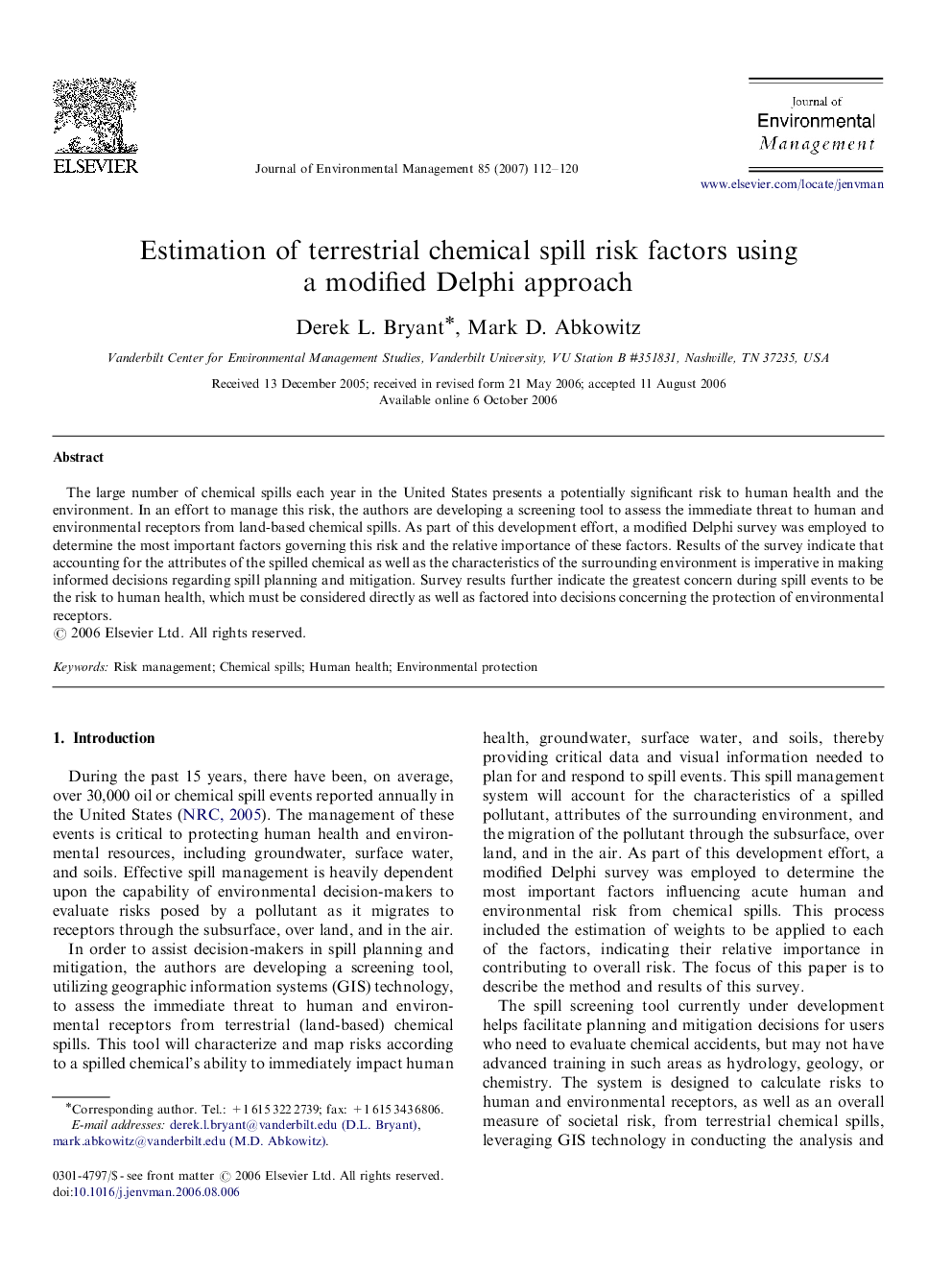 Estimation of terrestrial chemical spill risk factors using a modified Delphi approach