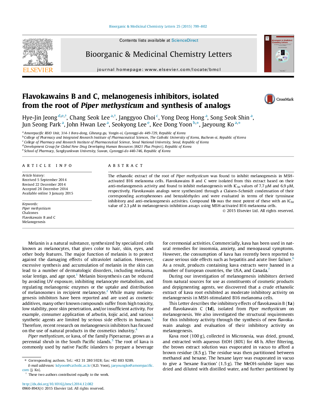 Flavokawains B and C, melanogenesis inhibitors, isolated from the root of Piper methysticum and synthesis of analogs