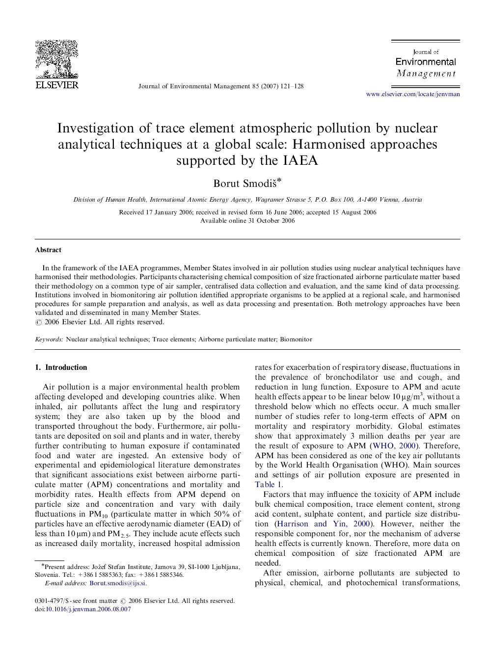 Investigation of trace element atmospheric pollution by nuclear analytical techniques at a global scale: Harmonised approaches supported by the IAEA