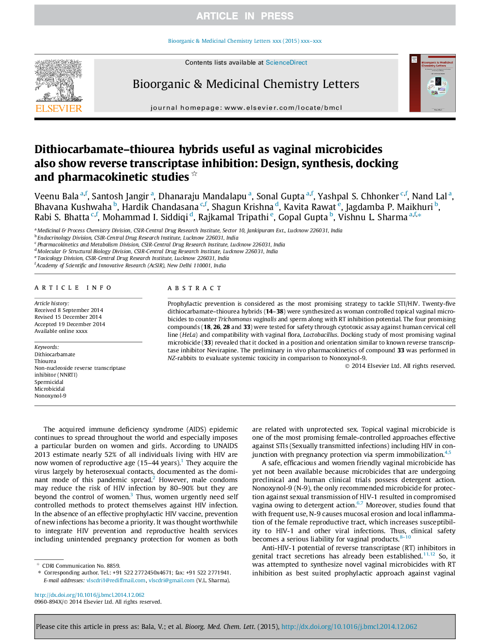 Dithiocarbamate-thiourea hybrids useful as vaginal microbicides also show reverse transcriptase inhibition: Design, synthesis, docking and pharmacokinetic studies