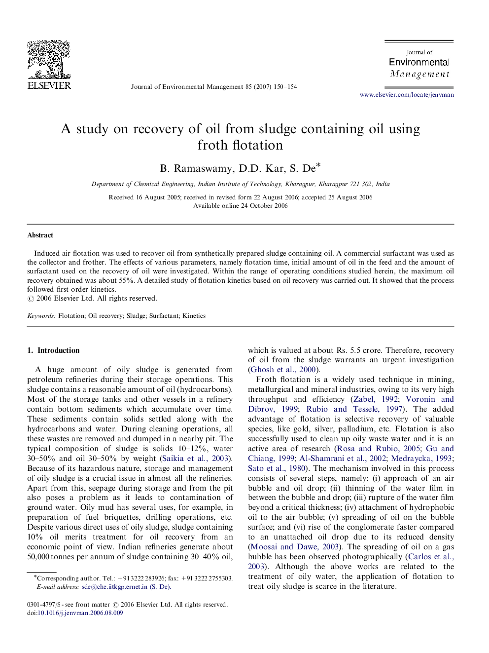 A study on recovery of oil from sludge containing oil using froth flotation