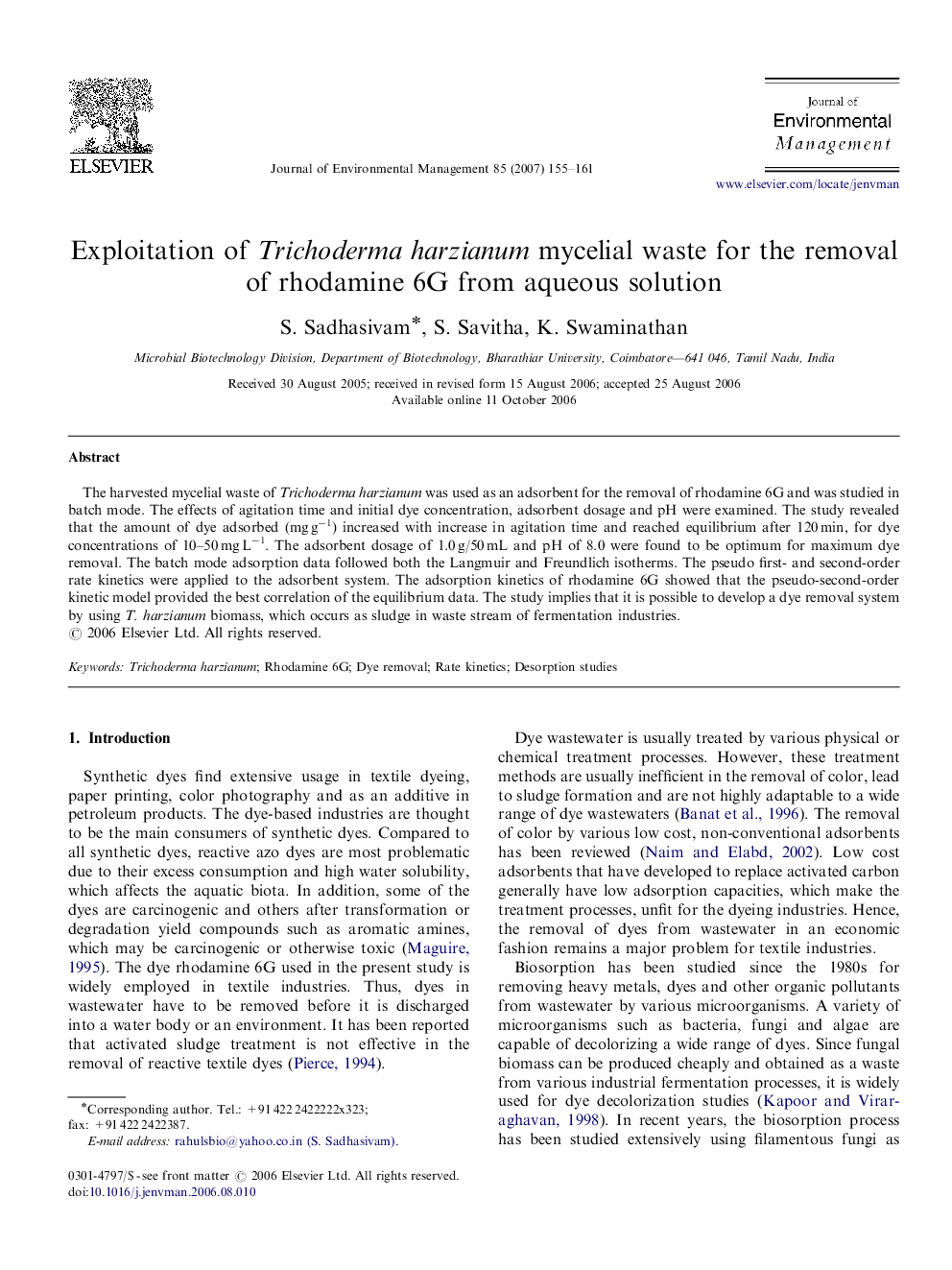 Exploitation of Trichoderma harzianum mycelial waste for the removal of rhodamine 6G from aqueous solution