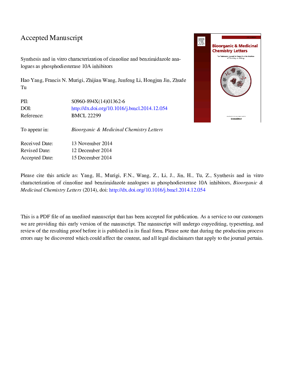 Synthesis and in vitro characterization of cinnoline and benzimidazole analogues as phosphodiesterase 10A inhibitors