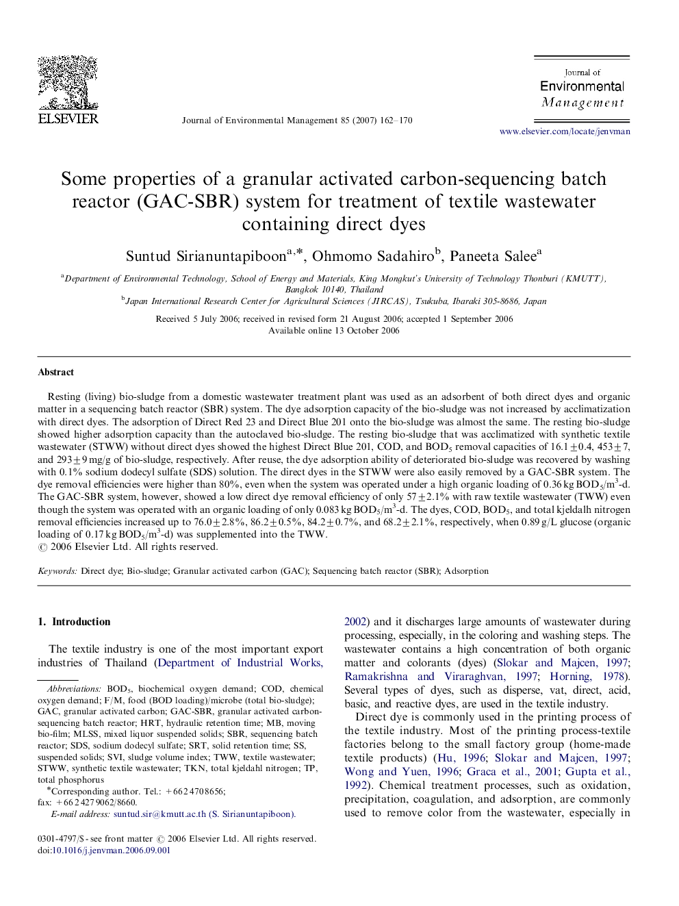 Some properties of a granular activated carbon-sequencing batch reactor (GAC-SBR) system for treatment of textile wastewater containing direct dyes