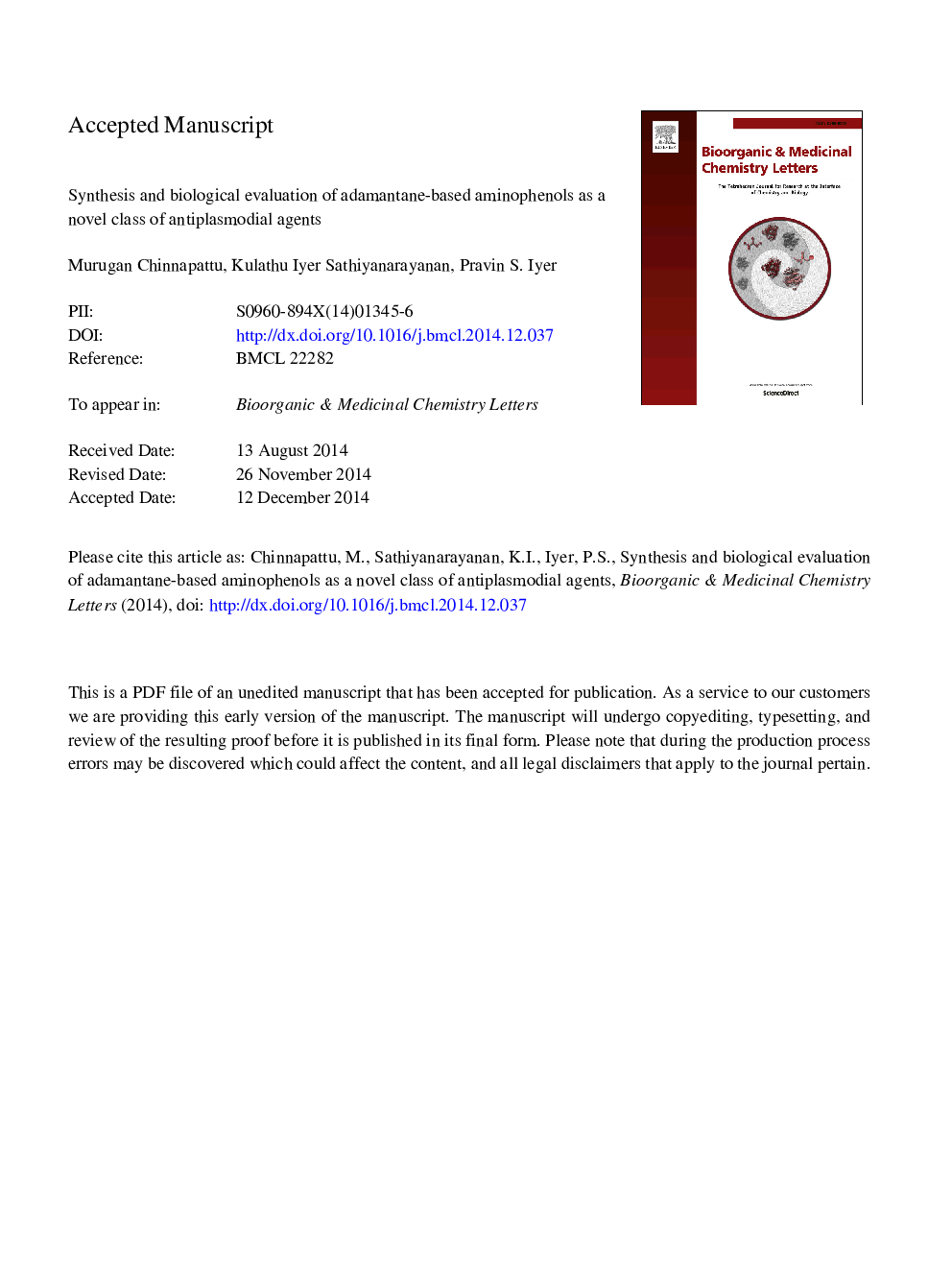 Synthesis and biological evaluation of adamantane-based aminophenols as a novel class of antiplasmodial agents