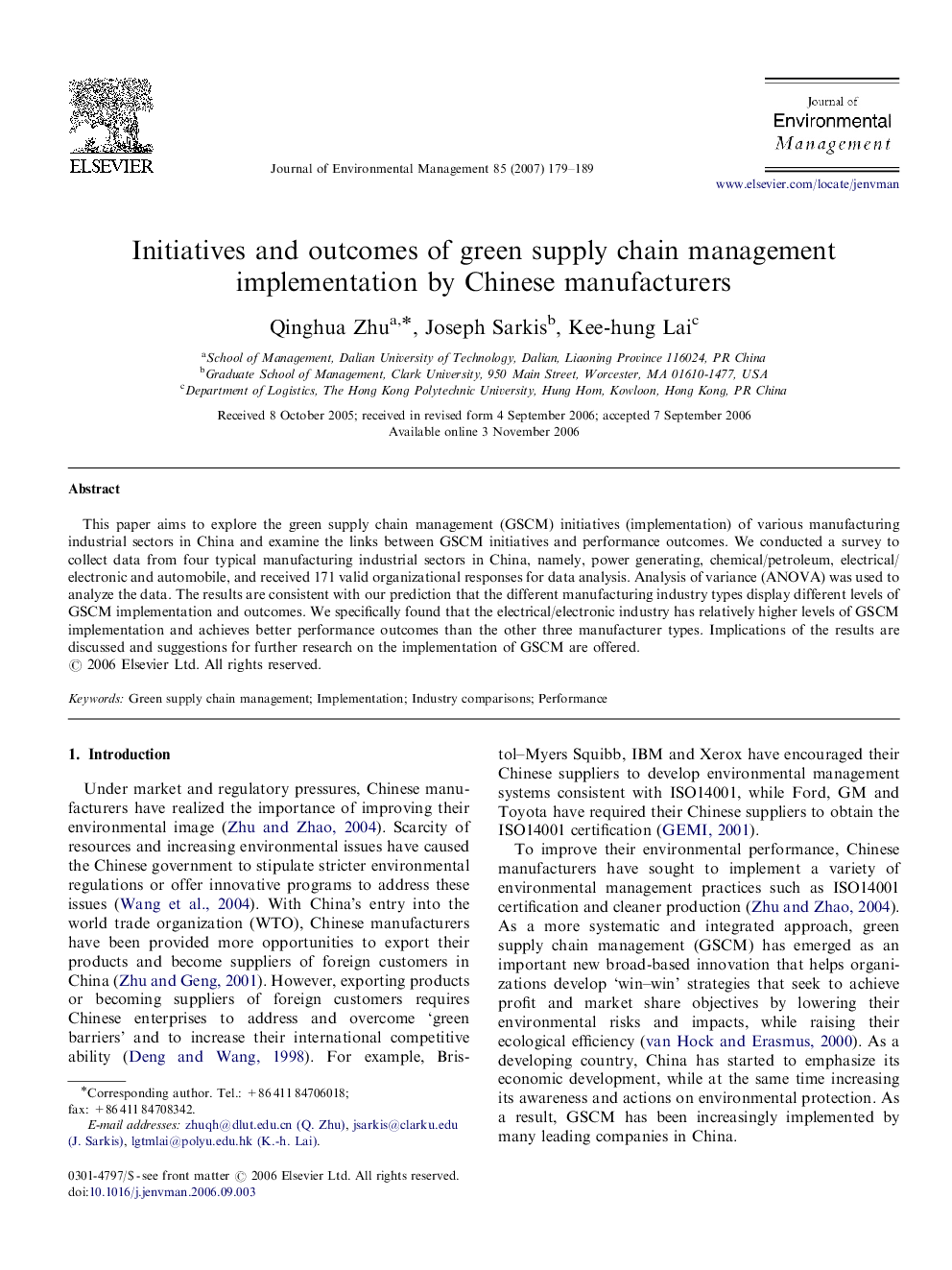 Initiatives and outcomes of green supply chain management implementation by Chinese manufacturers