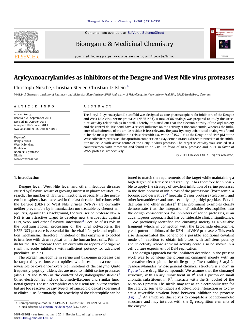 Arylcyanoacrylamides as inhibitors of the Dengue and West Nile virus proteases