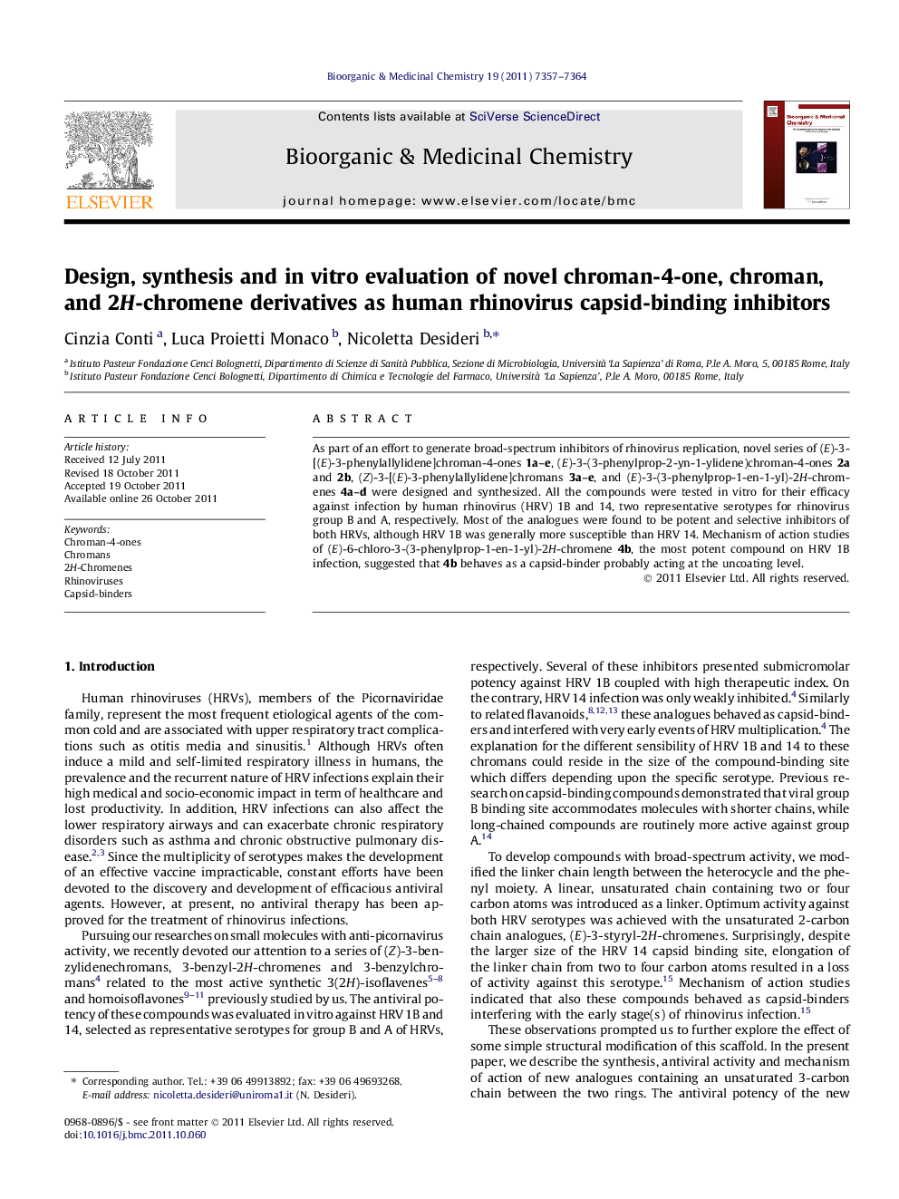 Design, synthesis and in vitro evaluation of novel chroman-4-one, chroman, and 2H-chromene derivatives as human rhinovirus capsid-binding inhibitors