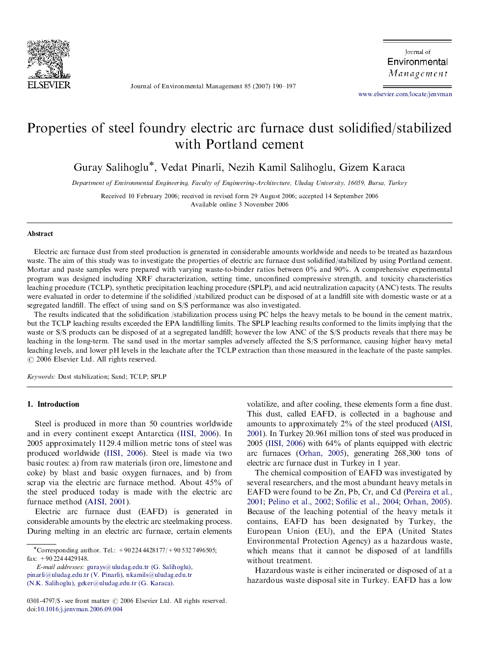 Properties of steel foundry electric arc furnace dust solidified/stabilized with Portland cement