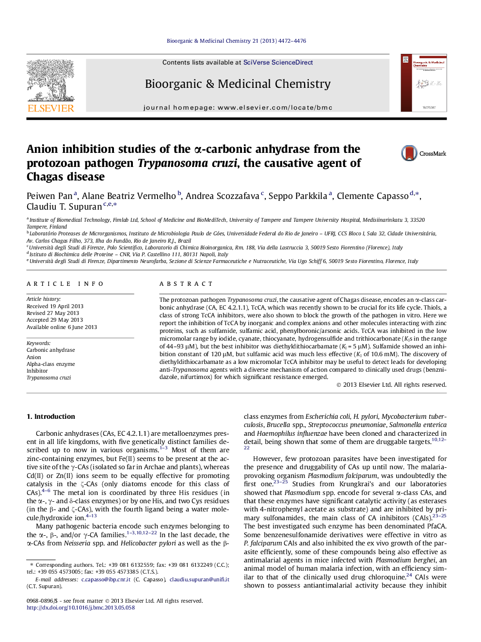 Anion inhibition studies of the Î±-carbonic anhydrase from the protozoan pathogen Trypanosoma cruzi, the causative agent of Chagas disease