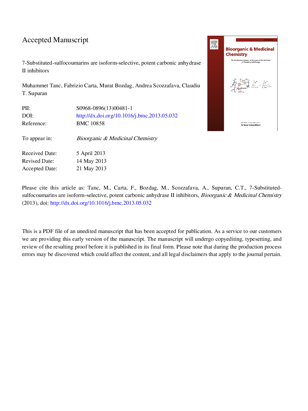 7-Substituted-sulfocoumarins are isoform-selective, potent carbonic anhydrase II inhibitors