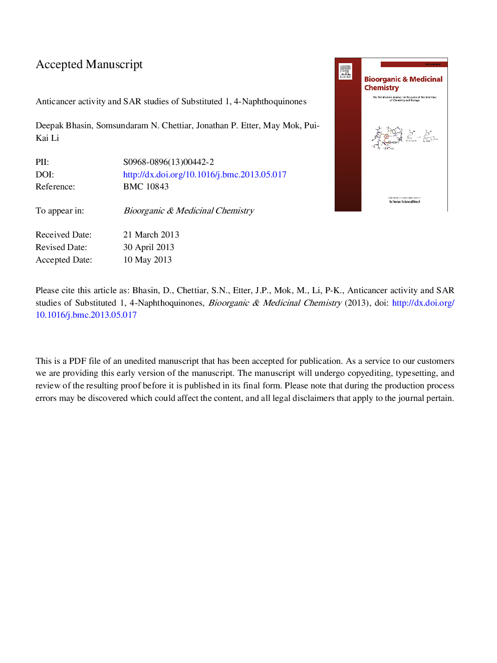 Anticancer activity and SAR studies of substituted 1,4-naphthoquinones