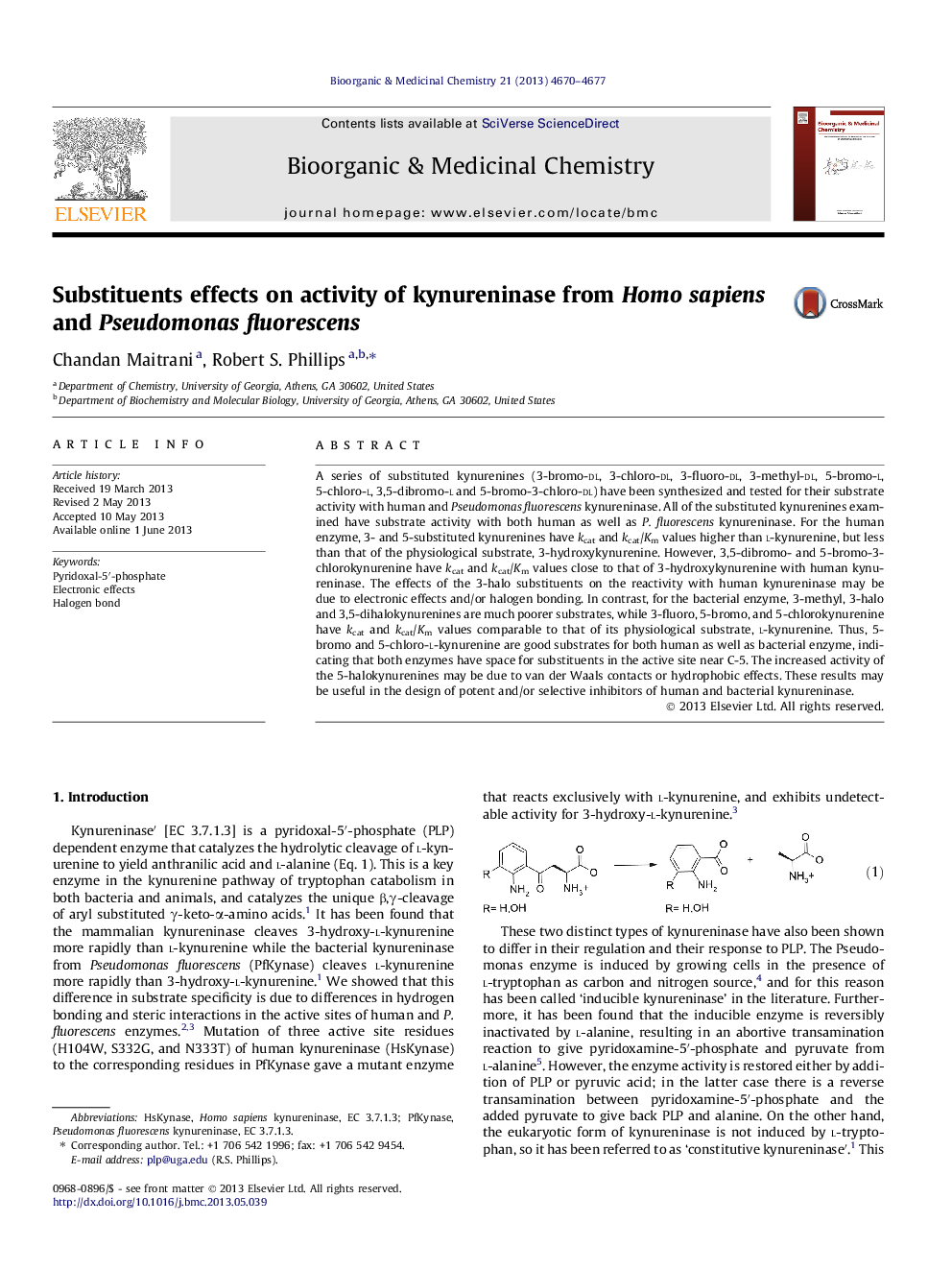 Substituents effects on activity of kynureninase from Homo sapiens and Pseudomonas fluorescens