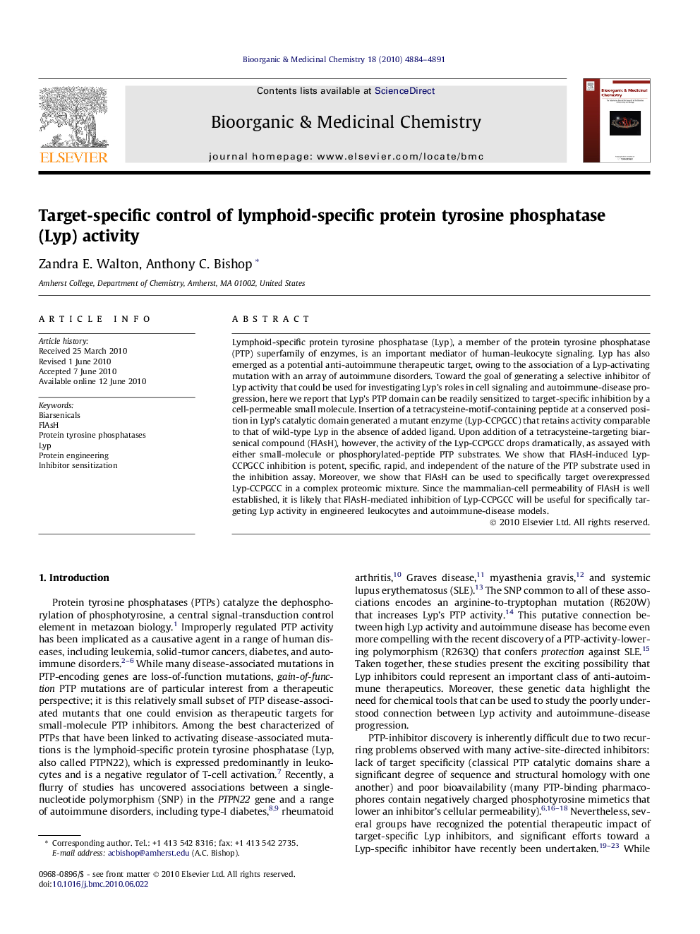 Target-specific control of lymphoid-specific protein tyrosine phosphatase (Lyp) activity