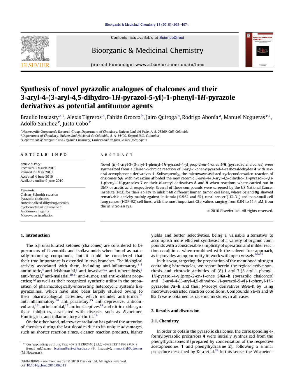 Synthesis of novel pyrazolic analogues of chalcones and their 3-aryl-4-(3-aryl-4,5-dihydro-1H-pyrazol-5-yl)-1-phenyl-1H-pyrazole derivatives as potential antitumor agents